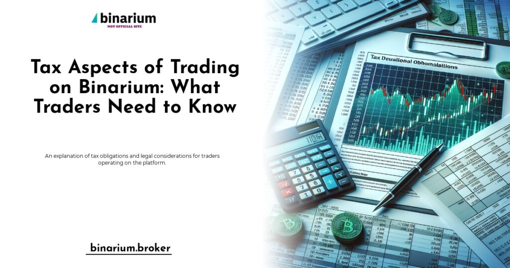 A graphic summarizing key tax obligations and legal considerations for Binarium traders in various jurisdictions.